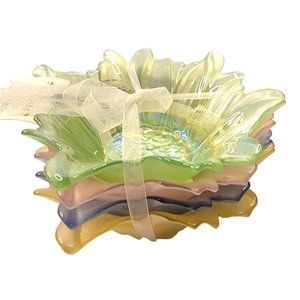 AKCAM TURKISH Handmade Set Of 4 Iridescent Pastel Glass Bowls  Floral Flower Des